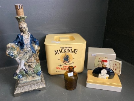 Decorative hand painted Italian rum bottle, mini bottle Riserva, Mackinlay ice bucket and small Lyserol glass bottle