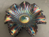 Dark Carnival Glass Ruffle Bowl