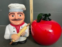 Chefs cookie barrel and large glass tomato