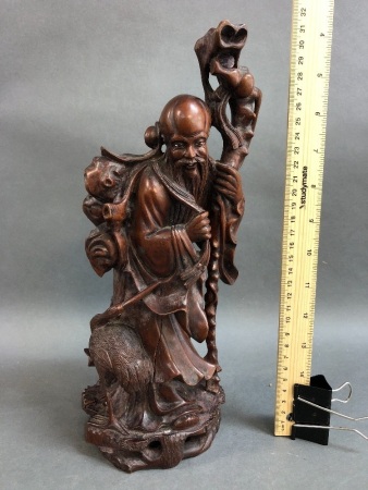 Vintage Nicely Carved Rosewood Figure of Shou Xing God of Wisdom and Longevity with Crane