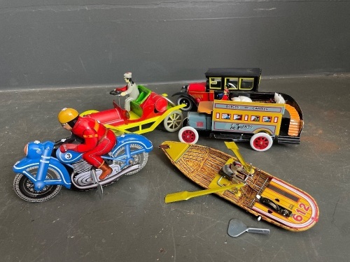 5 x antique style tin wind up toys