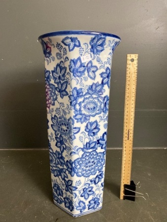 Large blue and white ceramic umbrella holder