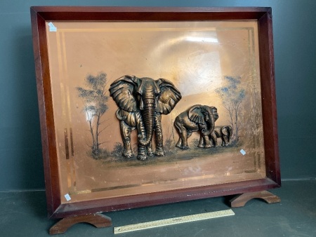 Timber framed copper elephant fire screen