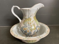 Vintage Asian Hand-Painted Wash Basin and Jug