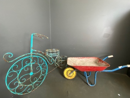Metal Tricycle Plant Stand and Childs Wheelbarrow
