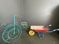 Metal Tricycle Plant Stand and Childs Wheelbarrow