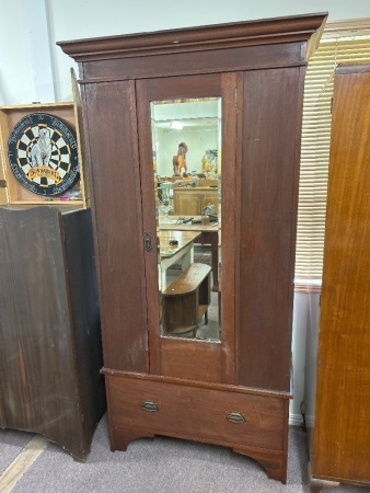 Tall Vintage Cedar Wardrobe with Bevelled Edged Mirror Insert and Bottom Drawer 