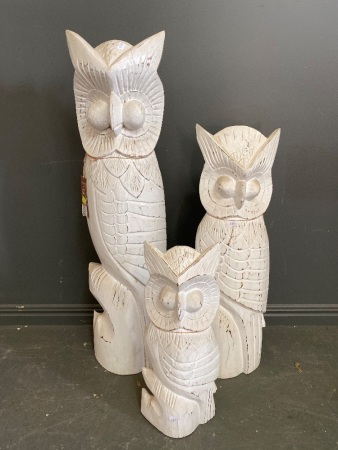 3 Wooden Carved and Painted Totem Owls