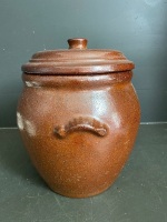 Large Glazed Pottery Bread Crock with Lid - 2