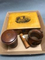 3 Pieces of Mauchlinware + 1 Treen Needle Case