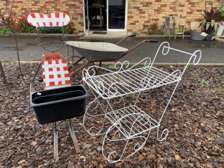 Metal pot plant holder and white metal trolley