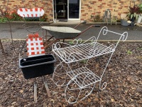 Metal pot plant holder and white metal trolley