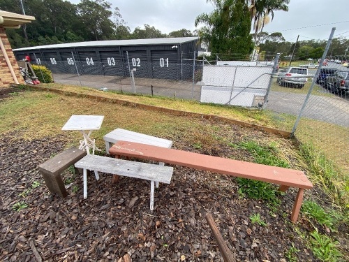 4 Outdoor bench seats (various sizes), small wooden hand made side table and river wood side table/plant stand