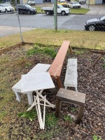 4 Outdoor bench seats (various sizes), small wooden hand made side table and river wood side table/plant stand - 2