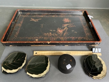 Lacquerware small plates and round box on large tray