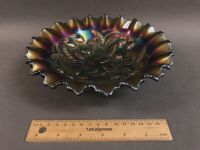 Purple Strawberries Northwood Carnival Glass Ruffled Bowl