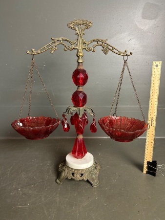 1940s Ruby Glass Justice Scale with Metal/Marble Base