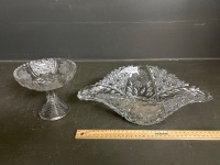 Cut Glass Serving Bowl on Pedestal Compote with Flower Etchings - 2