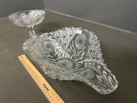 Cut Glass Serving Bowl on Pedestal Compote with Flower Etchings - 4