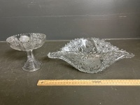 Cut Glass Serving Bowl on Pedestal Compote with Flower Etchings - 5