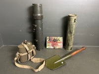 Military Lot inc. Jacketed Enamel Water Flask, Shovel, Tin and Plastic Cyndrical Canisters + Infantry Support Weapons Hardcover Book