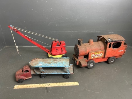 Lot of 3 Vintage Tin Toys inc. Train, Crane and Semi Trailer