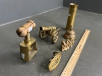 Assorted Brass Lot inc. Nutcracker, Cannon, Bell, Shell Casing, Buckle and 3 Monkeys - 2