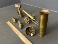 Assorted Brass Lot inc. Nutcracker, Cannon, Bell, Shell Casing, Buckle and 3 Monkeys - 3