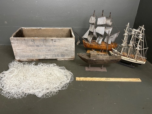 3 Wooden Model Ships for Restoration + Wooden STC Crate and Net