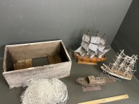 3 Wooden Model Ships for Restoration + Wooden STC Crate and Net - 2