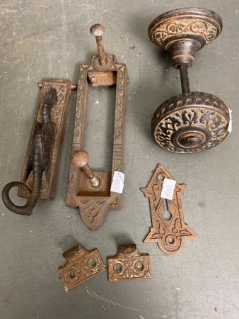 Cast Iron Door Knocker and Handle - Marked