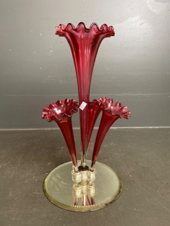 Victorian dated cranberry epergne with scallop mirror base