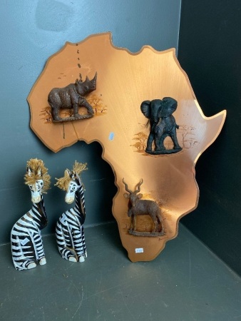 African Scene Wall Hanging and Two Wooden Zebras