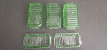 3 Green Glass Butter Dishes + 2 Lids (1 lid chipped to corner)