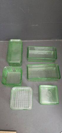 Selection of 6 Green Glass Butter Dishes - 3 complete