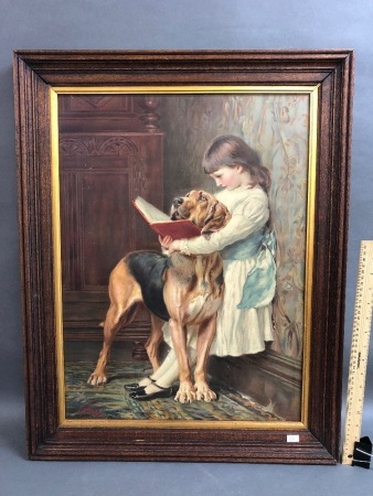 Original Framed Antique Pears Advertising Print of Girl Reading to Bloodhound in Silky Oak Frame