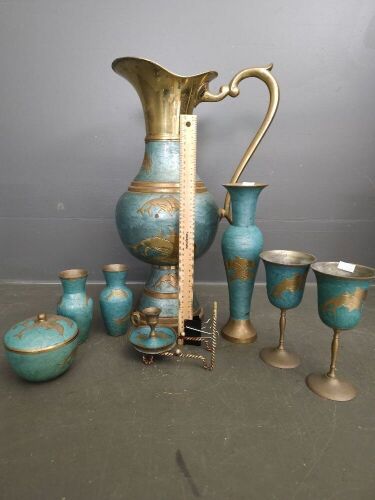 Large Brass Painted Jug, Goblets, Candlestick etc.