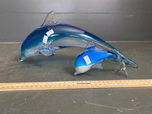 Two Glass Dolphin Figurines