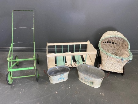 Vintage Kids Toy Cot, Stroller, Trolley and Tin buckets