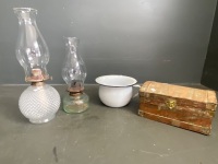 2x Kerosene Lamps, Enamel Pot and Small Old Wooden Chest