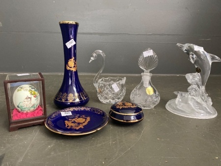 La Reine Porcelain, Remown Swan, Crystal Dolphin and Perfume Bottle with Hand Painted Egg