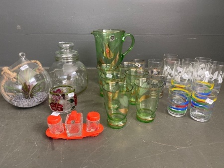 Large Lot of Assorted Glassware incl. Mid Century Czechoslovakian Water Jug and Tumblers