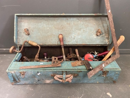 Hand Crafted Carpenters Tool Box with Quantity of Vintage Tools