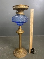 Tall Blue Font Kerosene Lamp with Brass Base/Post