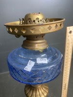 Tall Blue Font Kerosene Lamp with Brass Base/Post - 2