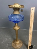 Tall Blue Font Kerosene Lamp with Brass Base/Post - 3