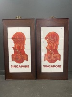 2 x Gold (22ct) Painted Singapore Merlion Tile Wall Hangings