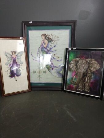 Selection of 3 Artworks 2 Cross Stitched, 1 Diamond Art