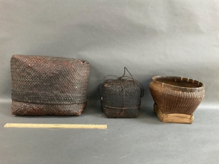 3 Antique Woven Hill Tribe Baskets from Northern Thailand