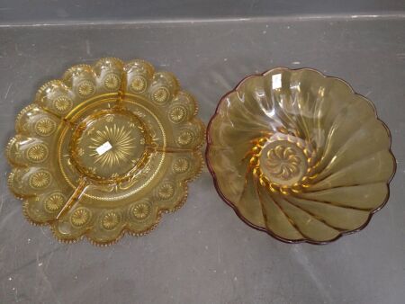 Amber Glass Bowl and Sectioned Plate